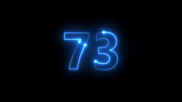 Glowing neon number seventy three is prominently displayed against a stark black background creating a vibrant contrast