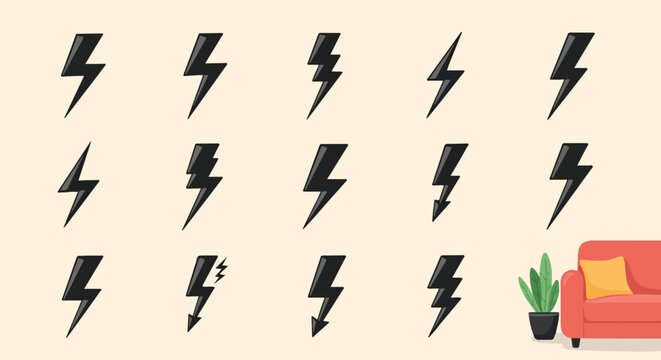 A collection of stylized black lightning bolts on a light beige background