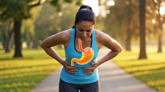 acid reflux of a woman experiencing heartburn and discomfort while running in a park, indicative of exercise-induced symptoms.