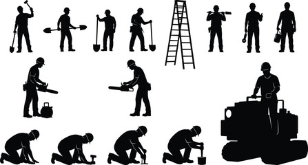 Large collection of construction worker silhouettes including builders using shovels chainsaws ladders and heavy machinery isolated on white for industrial design © "Hello"