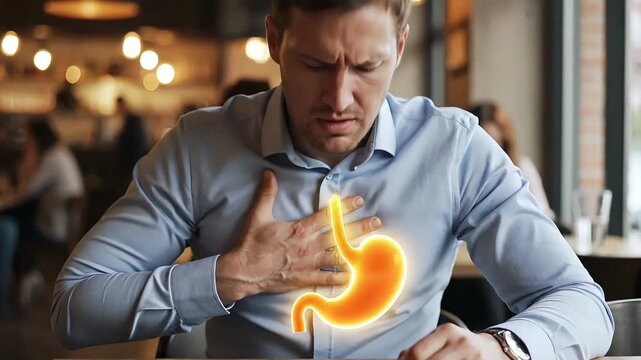 acid reflux of a man feeling unwell or sweating in a cafe, possibly due to discomfort from indigestion or other symptoms.