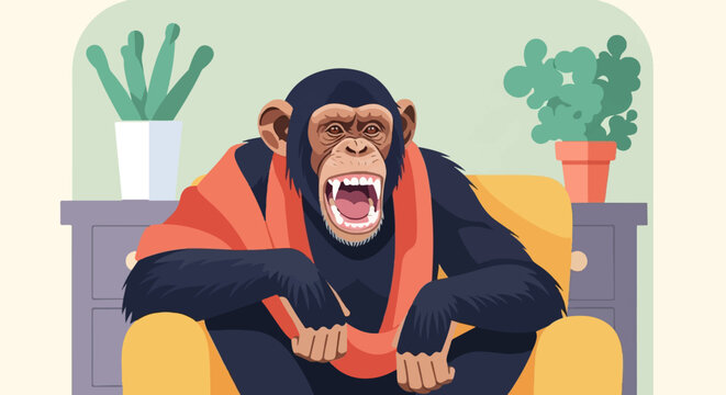 A chimpanzee with mouth wide open, draped in orange, sits on a yellow sofa