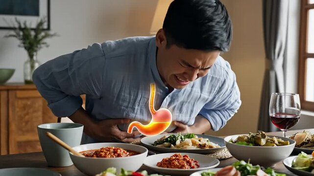 acid reflux of an Asian man suffering from severe stomach pain and heartburn after a large meal at home, indicating indigestion.