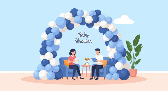 A couple and dog celebrate under a balloon arch, a plant nearby