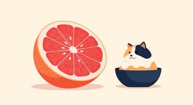 A cute calico cat sits in a bowl next to a large grapefruit slice