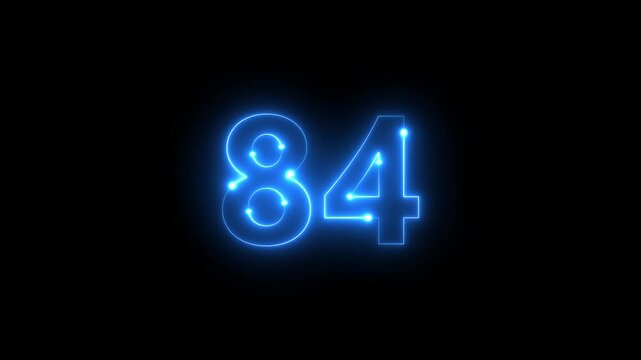 Glowing neon number eighty four presented on a stark black background emitting a vibrant blue light