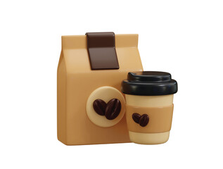 Coffee Cup and Coffee Beans Bag icon 3d render concept of coffee bag with beans icon with paper cup icon vector illustration