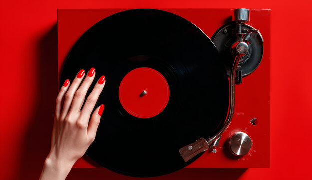 Top view of a woman's hand with red painted nails adjusting a black vinyl record on a bright red turntable surface