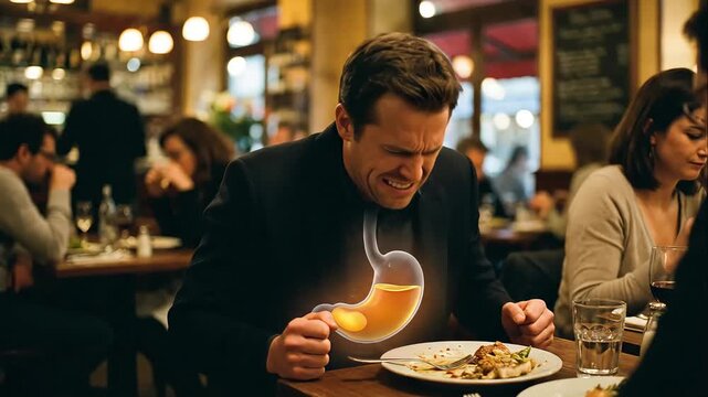 acid reflux of a man in a restaurant suffering from intense stomach pain and heartburn, with a graphic of his acid-filled stomach.