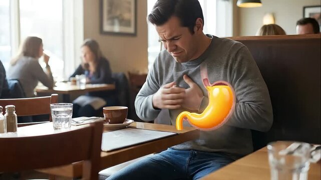 acid reflux of a man in a cafe with a graphic of his stomach showing green acid, suggesting nausea or severe digestive upset.