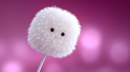 Fototapeta premium Cute, fluffy pompom with adorable facial features and a gentle appearance. The image shows a soft, plush pompom held up against a gradient pink backdrop