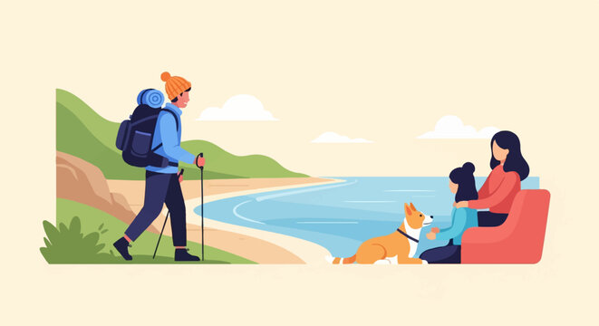 A hiker treks along a scenic coastline where a family and dog relax on the beach