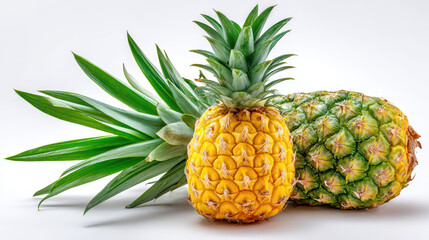 Obraz premium fresh whole pineapple with green leaves on white background