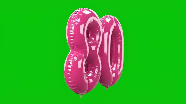 Rotating number 80 pink foil balloon on green background