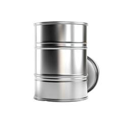 Three polished silver metal food cans stacked vertically; one more lies sideways behind