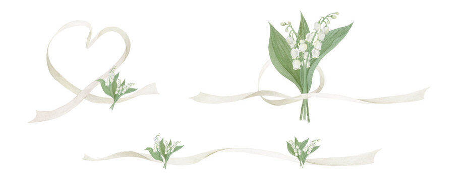 Watercolor lily of the valley and white silk ribbon set, heart-shaped ribbon, bouquets, and flowing borders for elegant wedding design.-300dpi-	