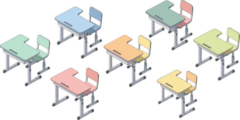 Colorful Isometric Illustration of School Desks with Attached Chairs in Varied Designs and Shades for Classroom and Educational Concepts