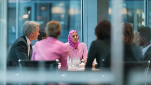 Diverse business team collaborating in modern conference room discussing strategy with female executive in hijab leading conversation professional meeting diverse professionals sharing ideas