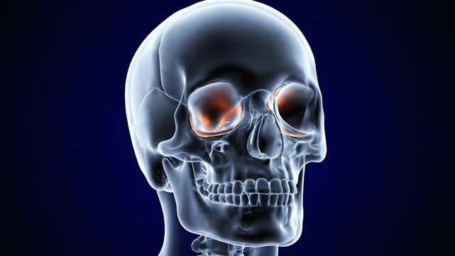 Detailed Medical Animation of Human Skull Anatomy Showing Orbit Bone Structure on Deep Blue Background for Educational