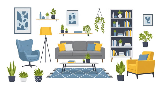 Modern Living Room Furniture and Decor Elements Collection.