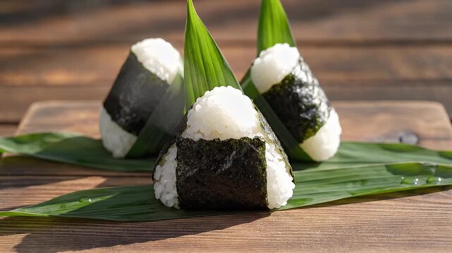 Japanese Onigiri Rice Balls Displayed on Wooden Table Outdoors