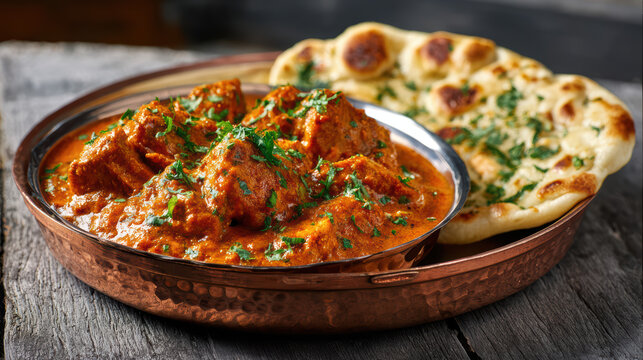 traditional indian butter chicken with garlic naan on copper plate