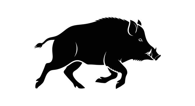 Black Silhouette of Running Wild Boar.