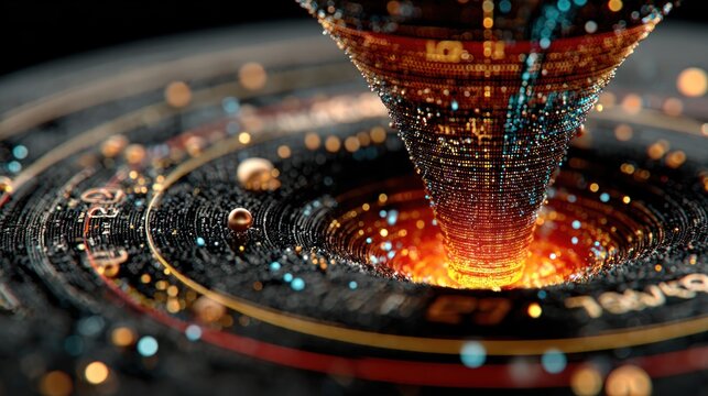 Abstract digital funnel with data particles swirling into a center
