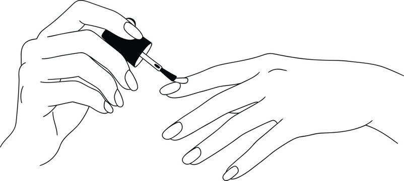 Minimal nail polish application hands vector illustration with elegant outline