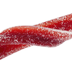 Sweet, red, twisted licorice candy with a sugared coating against a black void