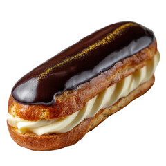 Delicious golden-brown eclair, shiny dark chocolate glaze, golden dust, creamy filling