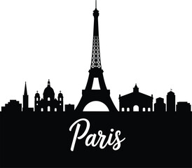 Obraz premium Paris skyline silhouette with Eiffel Tower landmark, elegant black cityscape illustration, iconic French architecture travel symbol, minimal vector design for tourism branding