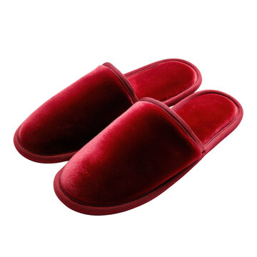 A pair of elegant red velvet slippers on transparent background