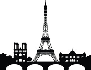 Obraz premium Paris skyline silhouette with Eiffel Tower, Notre Dame and Louvre, minimalist black and white vector illustration of iconic French landmarks for travel and tourism