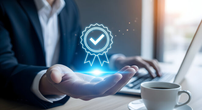 Businessman holding a glowing verification badge