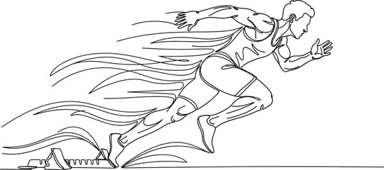 Fototapeta premium One line continuous drawing depicts an athletic male sprinter exploding forward from starting blocks with intense speed and energy visualized by motion streaks