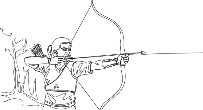 Dynamic single line drawing captures a focused female archer drawing back her bowstring aiming a sharp arrow toward an unseen target