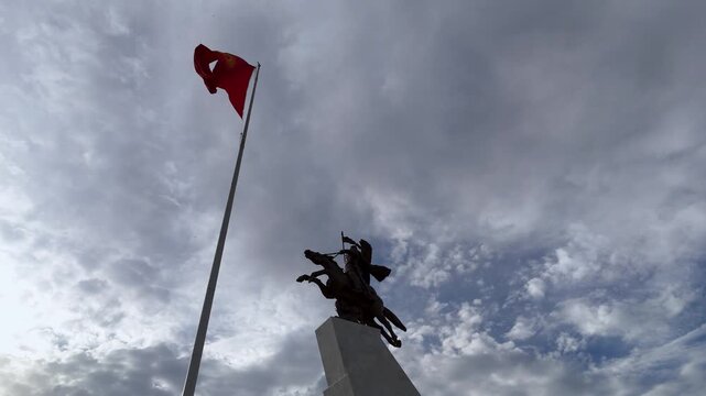 Bishkek, Kyrgyzstan October,17,2025: The Manas statue stands majestically at Ala-Too Square