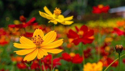 Colorful close-up view of bright yellow and red flowers in a garden setting