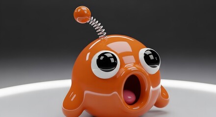 A surprised orange alien with big eyes and a spring antenna on a white plate