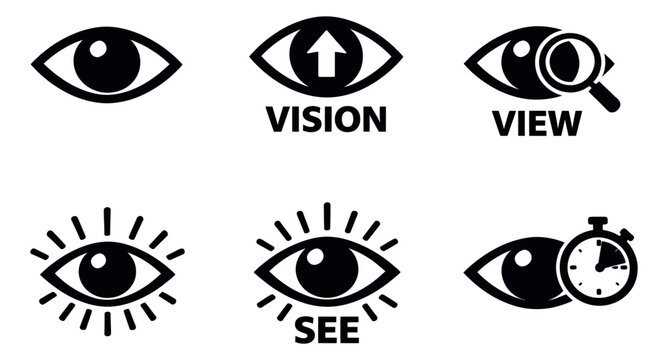 Abstract graphic icon eye set featuring vision, view, seeing, focus, and monitoring concepts for conceptual design and web interfaces