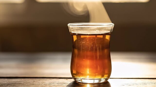 Hot steaming Turkish tea in traditional glass backlit by golden sun
