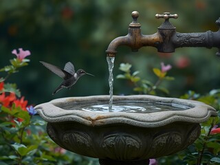 Fototapeta premium a realistic photograph depicting a hummingbird hovering over the edge of a stone birdbath
