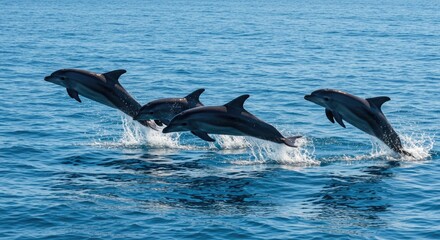 Naklejka premium Group of Playful Dolphins Leaping from Deep Blue Ocean Water in a Dynamic Action Sequence