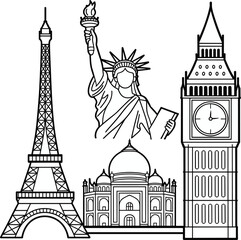 Obraz premium World famous landmarks line art illustration featuring Eiffel Tower Statue of Liberty Taj Mahal and Big Ben global travel architecture icons vector design