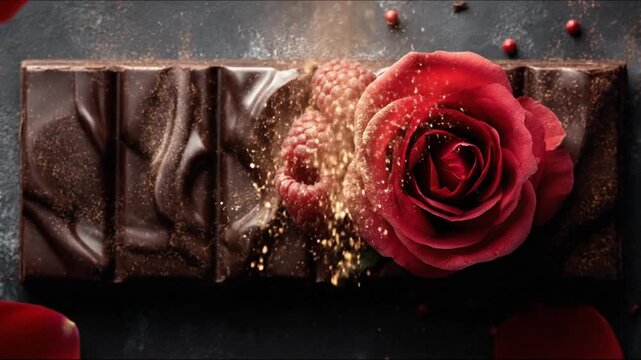 Chocolate bar with red rose and raspberry arrangement overhead view