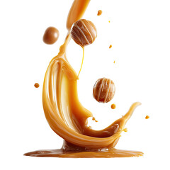 Dynamic golden caramel cascade with three round treats splashing in a rich, delicious flow on black