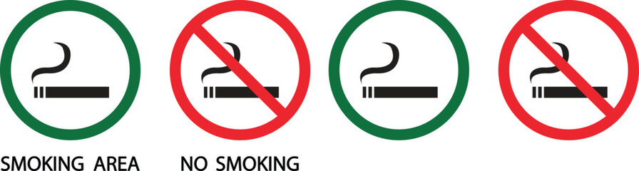 Smoking area and no smoking vector icons set, cigarette prohibition and permission sign collection, safety symbol group isolated on transparent background for public place design © WaQar