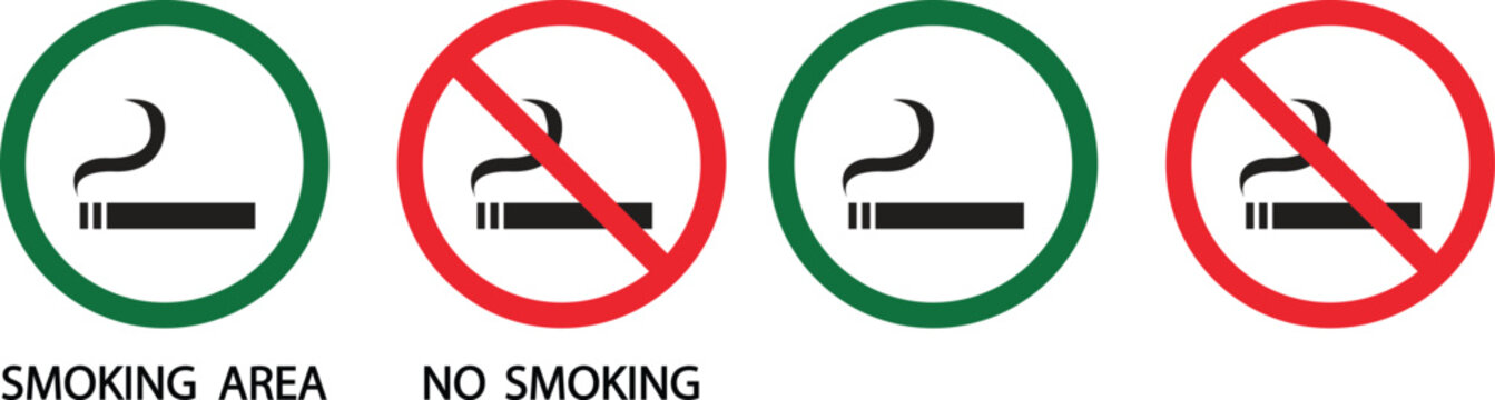 Smoking area and no smoking vector icons set, cigarette prohibition and permission sign collection, safety symbol group isolated on transparent background for public place design