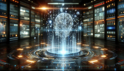 Futuristic digital globe glowing with blue light in a high-tech server room with neon accents and circuit patterns.